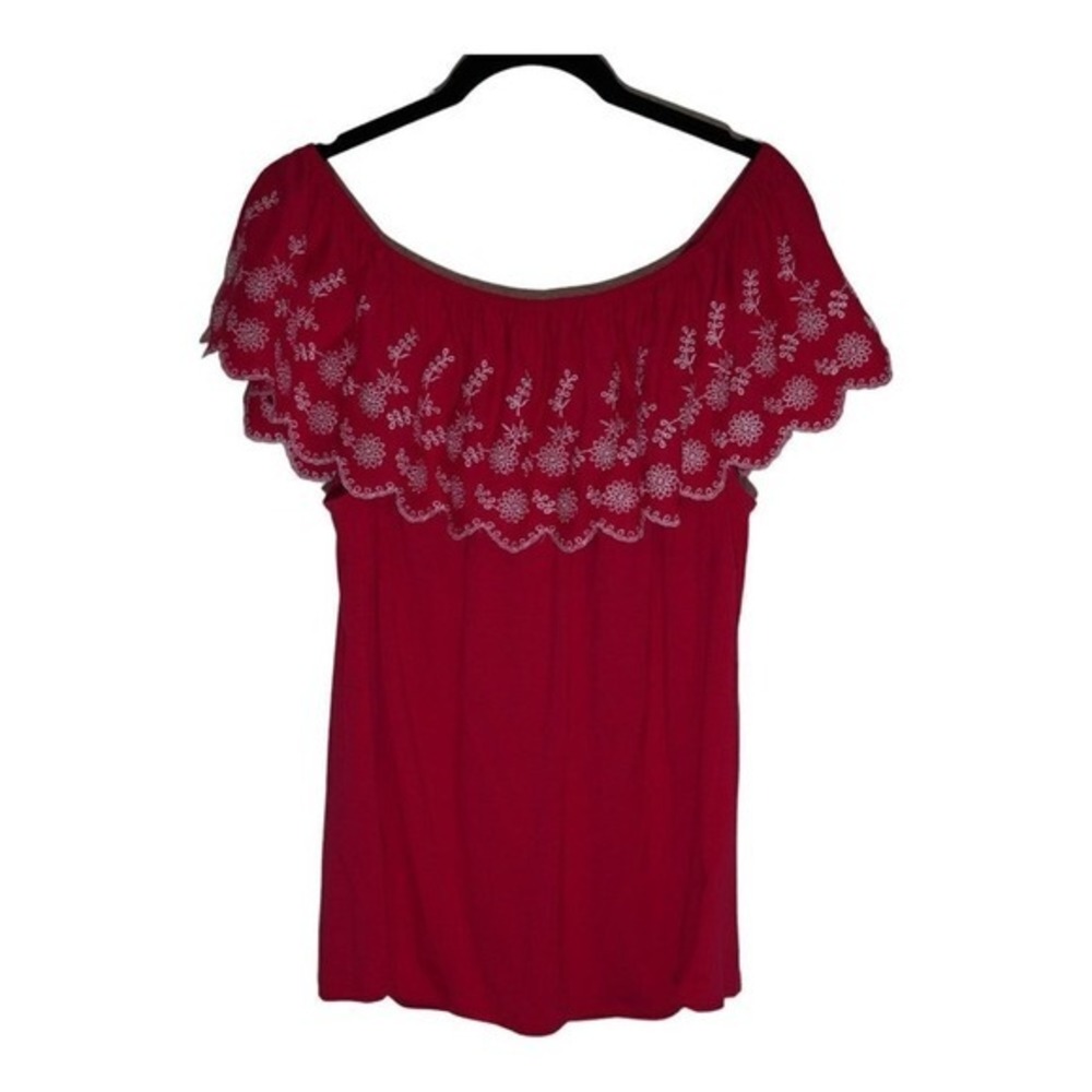 Adrianna Papell Off Shoulder Blouse Women Medium Boho Embroidered Ruffle Scallop